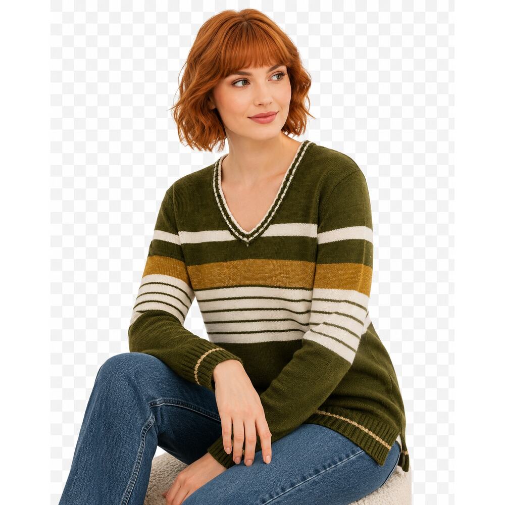 Women’s Olive Green Striped V Neck Sweater Tunic Knit Medium